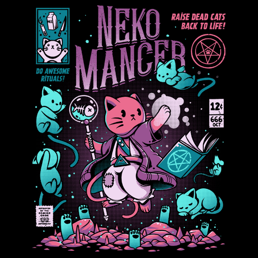 Black graphic tee saying Nekomancer in purple text on the shirt. 